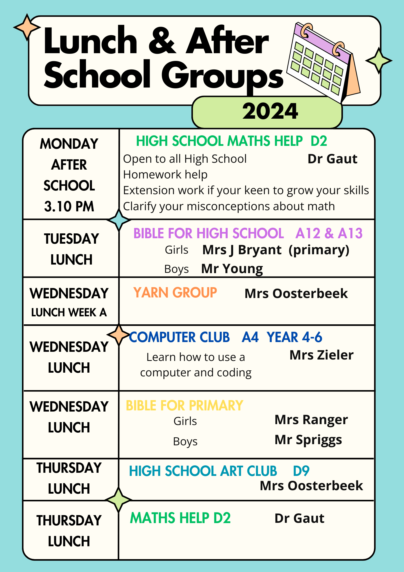 Lunchtime After school groups
